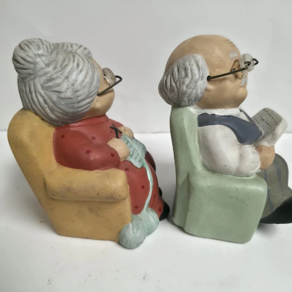 Vintage Ceramic Grandma & Grandpa Figurines Set - Retirement Couple Relaxing